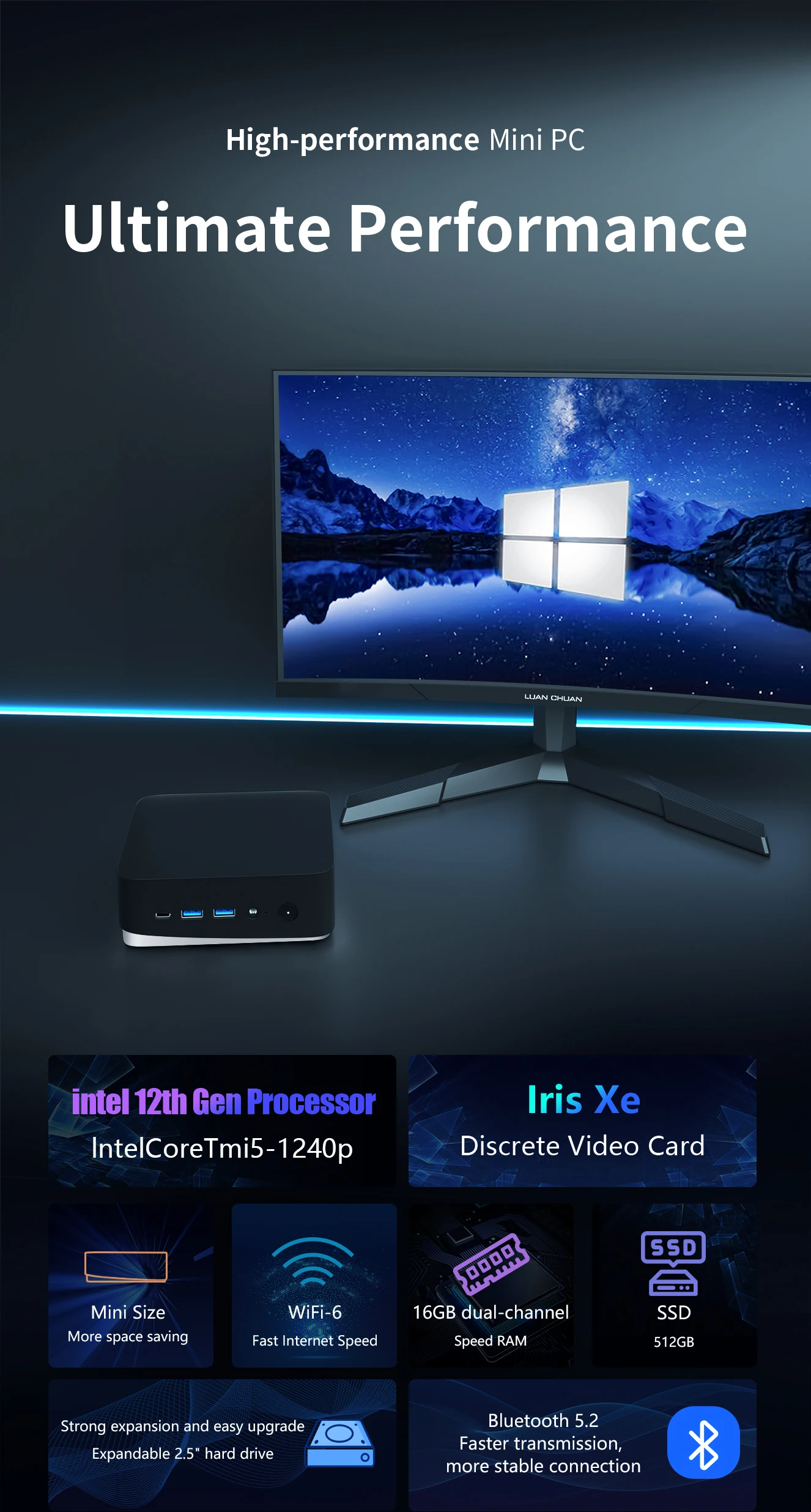 CYX كمبيوتر صغير AD16 I5 Core I5-12450H DDR4 16 + 512GB SSD Win 11 Pro BT 5.2 WIFI 6E 4K HD-MI UHD رسومات CYX كمبيوتر صغير