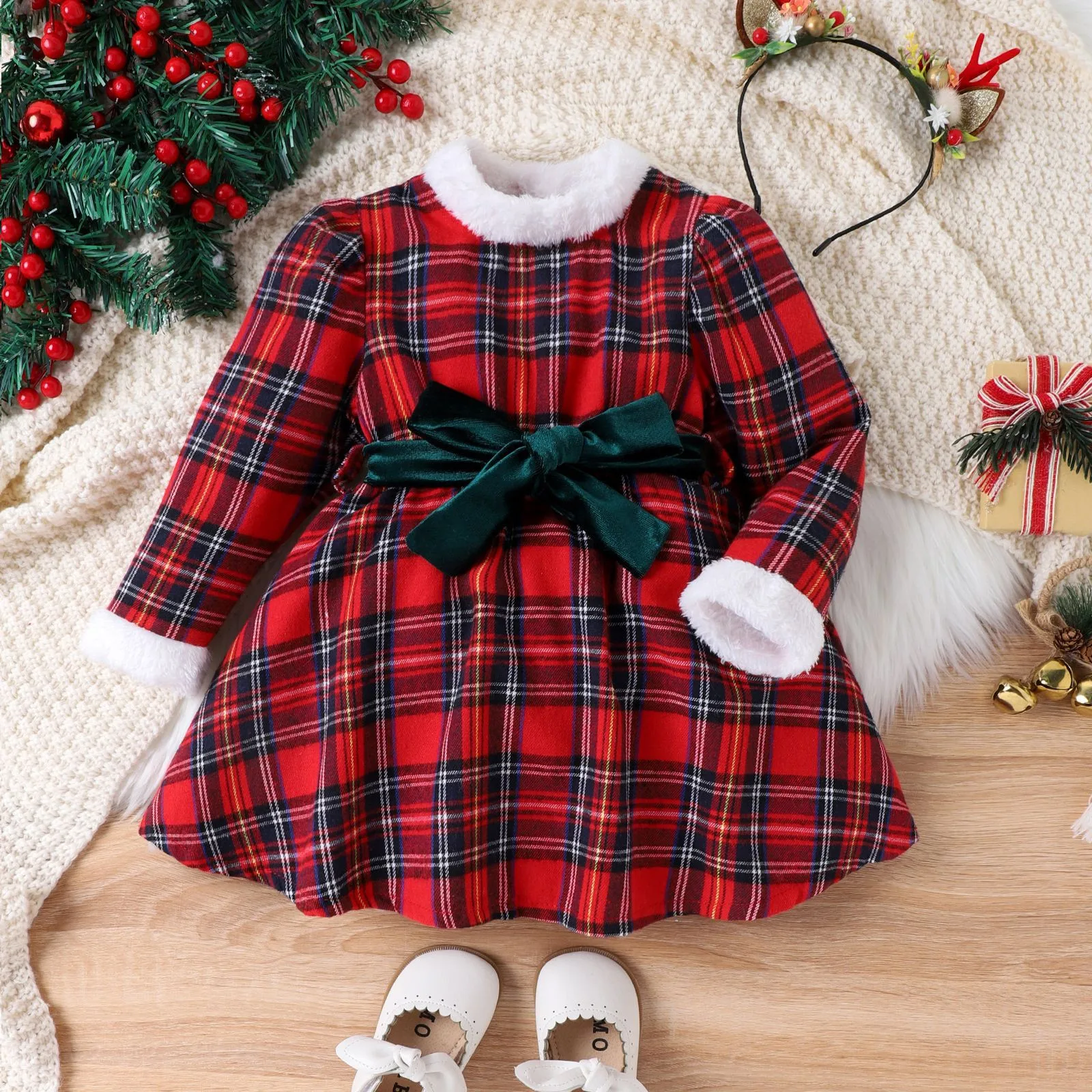 1-6Y Toddler Kids Girls Christmas Romper/Dress Baby Plaid Printed Plush Patchwork Bowknot Long Sleeve Jumpsuits Dress Costumes