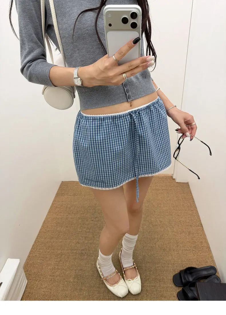 SALIENCY Japanese Y2k Cute Plaid Mini Skirt Skorts Summer Casual Drawstring Low Rise Short Skirts Sexy Women Clothes
