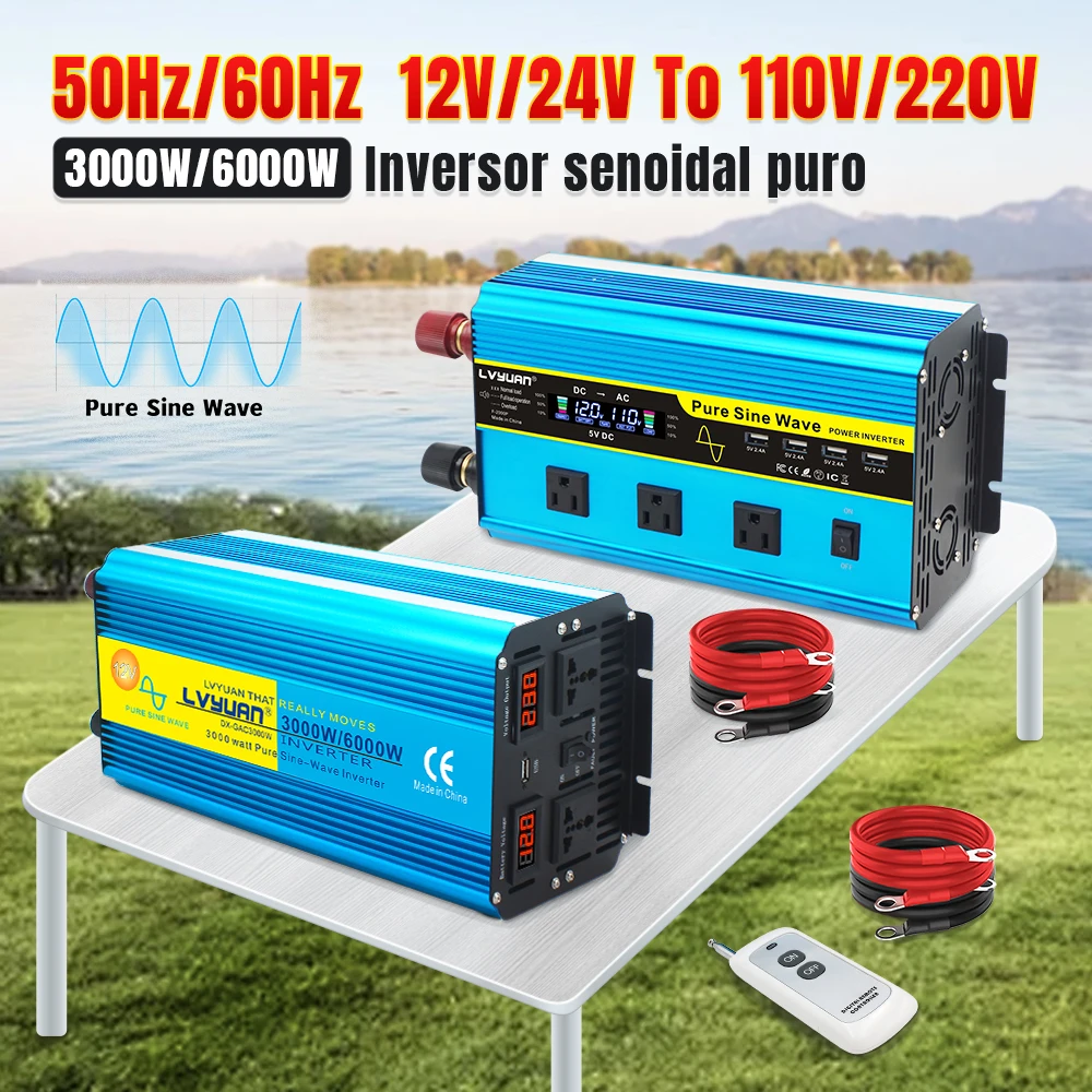 6000W Pure Sine Wave Inverter Solarpower System Home Inverter Converter DC 12V/24V to 110V/220V LED Display Inversor For Caravan