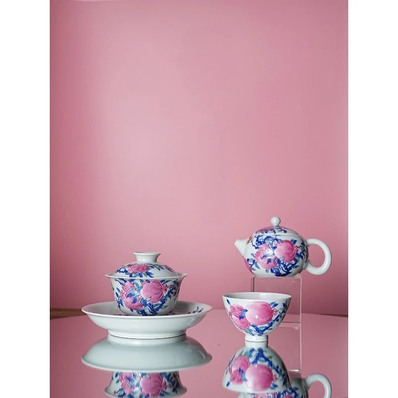 

Blue and white pastel pomegranate pattern series tea set purely handmade works