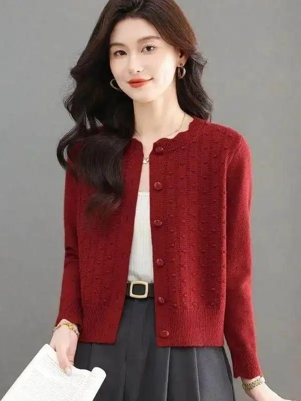 Spring Fashion Short Knitted Sweater Jacket Pure Color Women's Outerwear Cardigan Minimalist Style Long Sleeve round Neck