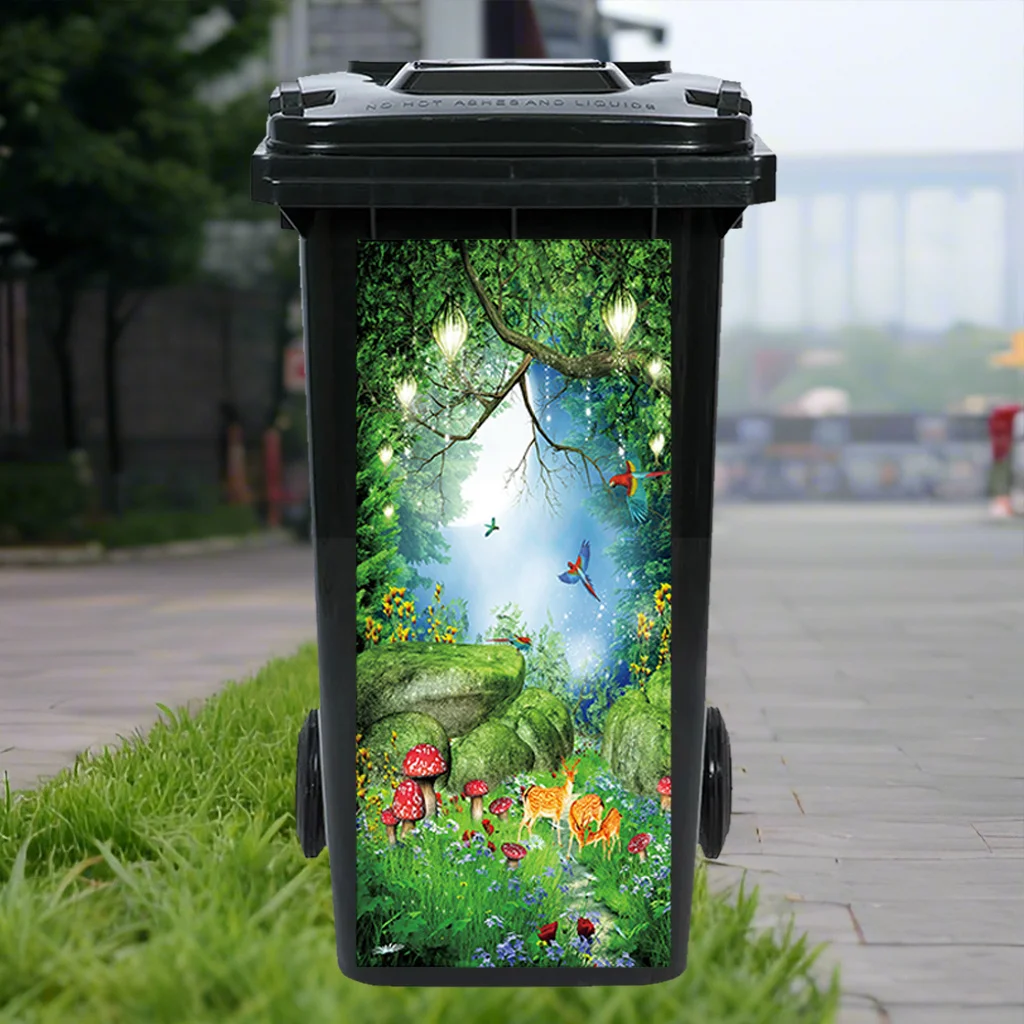 

1Pc fantasy forest trash can sticker, outdoor trash can natural style sticker, self-adhesive PVC,