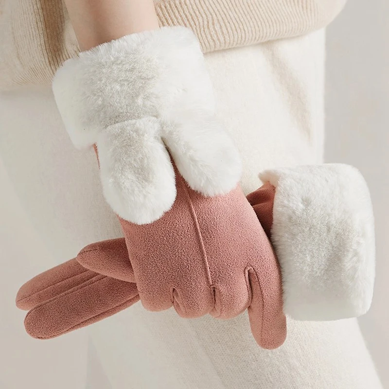 Women Shearling Gloves,Suede Fur Cuff Thick Lined Heated Warm for Winter Driving Gloves