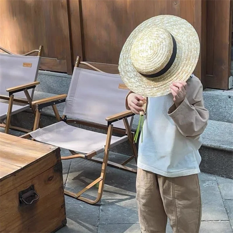 New Arrivals 2023 Fashion Children Boy Girl Sunhats Flat Top Cap Outdoor Beach Holiday Sunprotection Summer Straw Hat for Kids