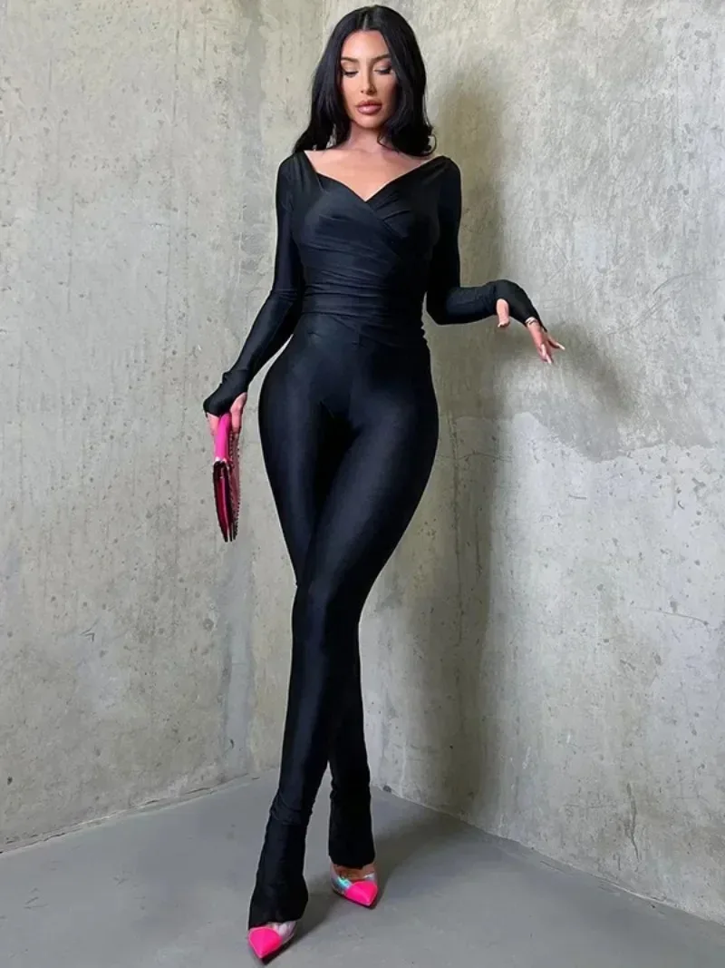 2024 Autumn Sexy V-neck Long Sleeve Tops High Waist Long Pants Two Piece Set for Women Elegant Party Night Club Suit Streetwear