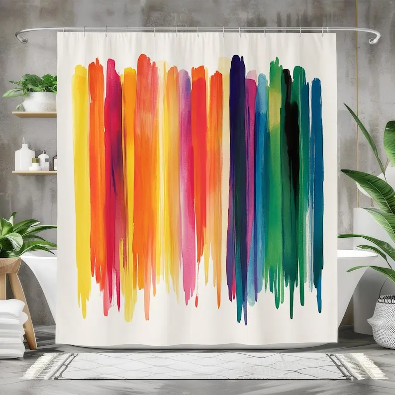 

Colorful Watercolor Stripe Shower Curtain, Rainbow Abstract Bathroom Decor, Bold Vibrant Art Curtain for Modern Bathroom Design