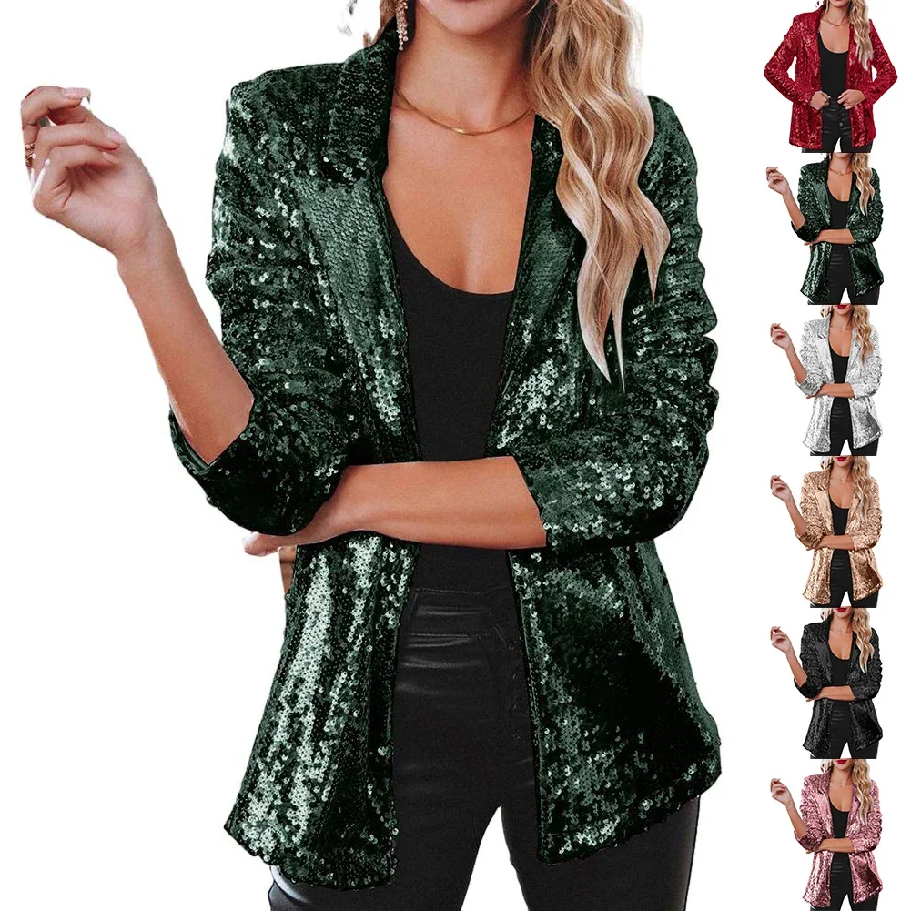 Female Blazer Autumn Winter Lapel Long Sleeve Outerwear Party Sequins Shinny Street Y2K Casual Inelastic Fashion