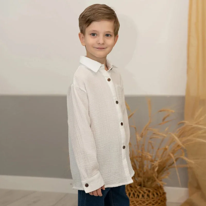 2024 Linen and Cotton White Shirts Boys Girls T-Shirt Four Seasons Top Tee Children\'s School Clothing Kids Button Blusa Dropship