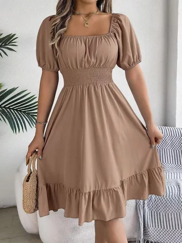 Vestido europeo y americano de primavera y verano, informal, con cuello cuadrado, manga corta, cintura fruncida, borde de hoja de loto, temperamento