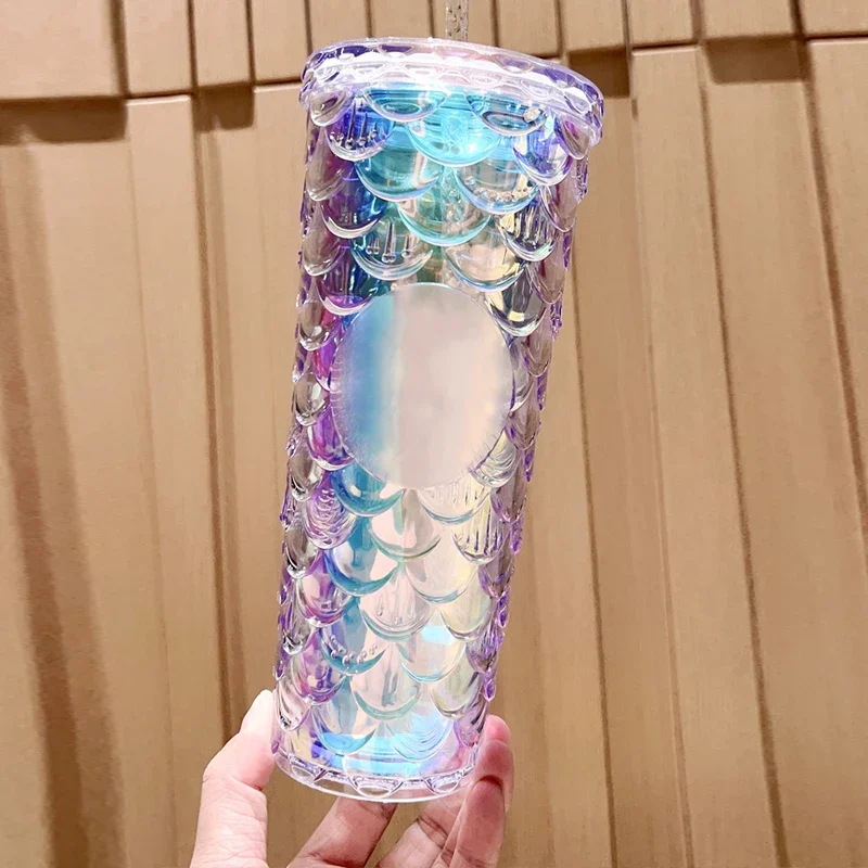 New 710ml Diamond Radiant Goddess Durian Fireworks Cup with Logo Fish Scale Cup Double Layer Reusable with Straw Mug Coffee Cup