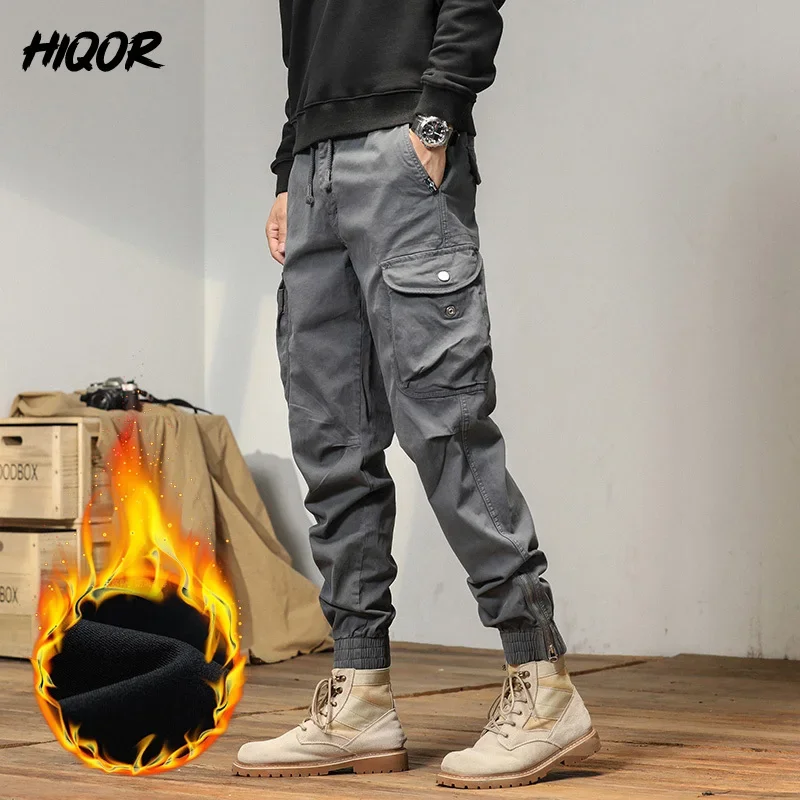 HIQOR 2024 New Cargo Pants Men Winter Man Y2k Harem Tactical Pants for Men Outdoor Fleece Multi-Pockets Cotton Casual Trousers