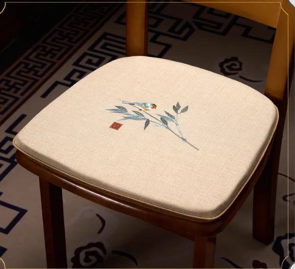

Custom Chinese Embroidery Bamboo U Shape Seat Cushions with Ties, Replaceable Non-slip Linen Dining Home Office Chair Pads