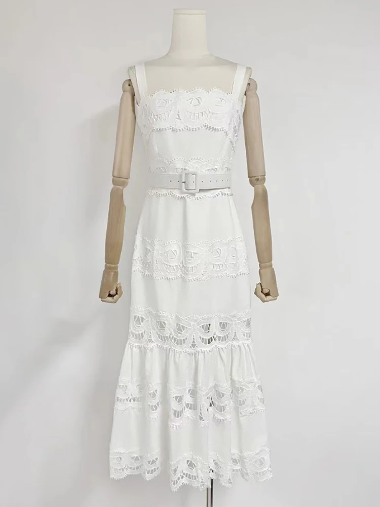 Sexy pescoço quadrado oco para fora vestido longo feminino branco sem mangas cortar rendas a linha vestidos de festa à noite