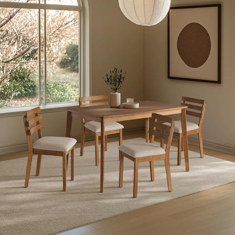 

Modern Dining Table Set for 4, Wooden Farmhouse Dining Roon Table and Solid Wood Chairs, 5-Piece Dining Set,4 Upholstered Chairs