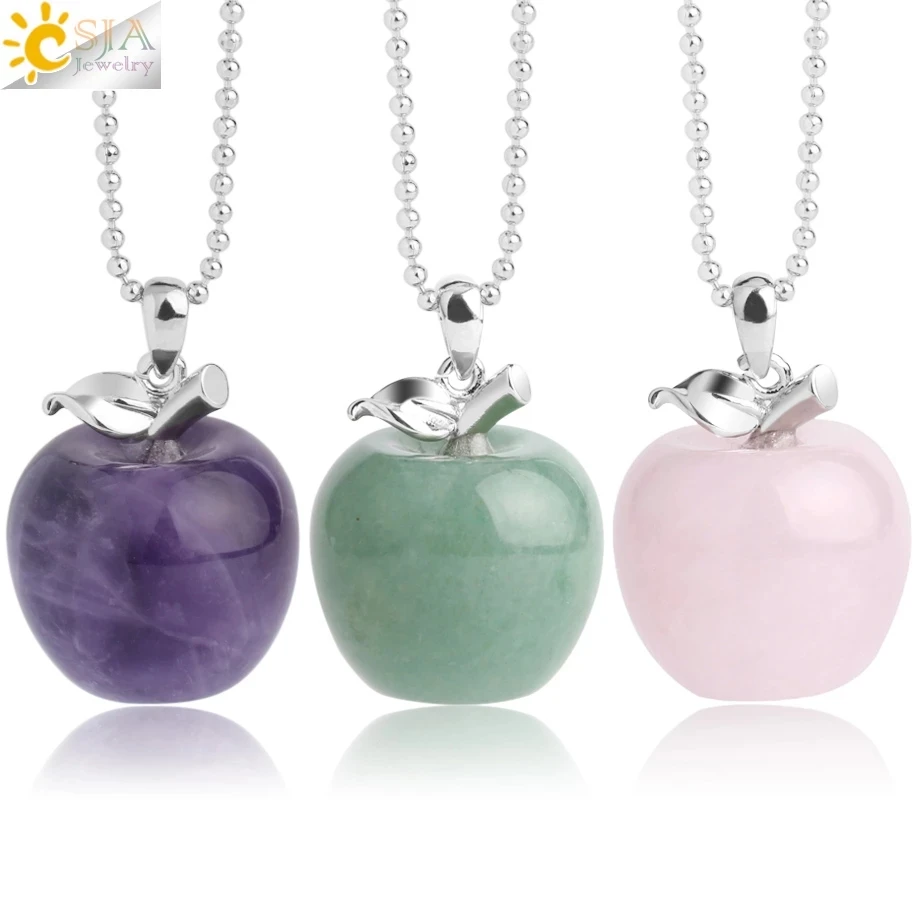 CSJA Apple Natural Stone Pendant Crystal Amethysts Pendants Rose Pink Quartz Necklaces Jewelry for Female Women Chrismtas G046