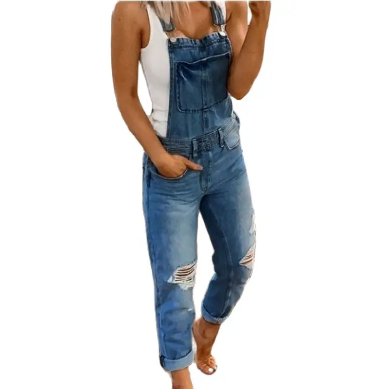 Venda quente suspensórios denim macacão para mulheres moda jeans rasgados macacão casual roupas femininas S-3XL transporte da gota