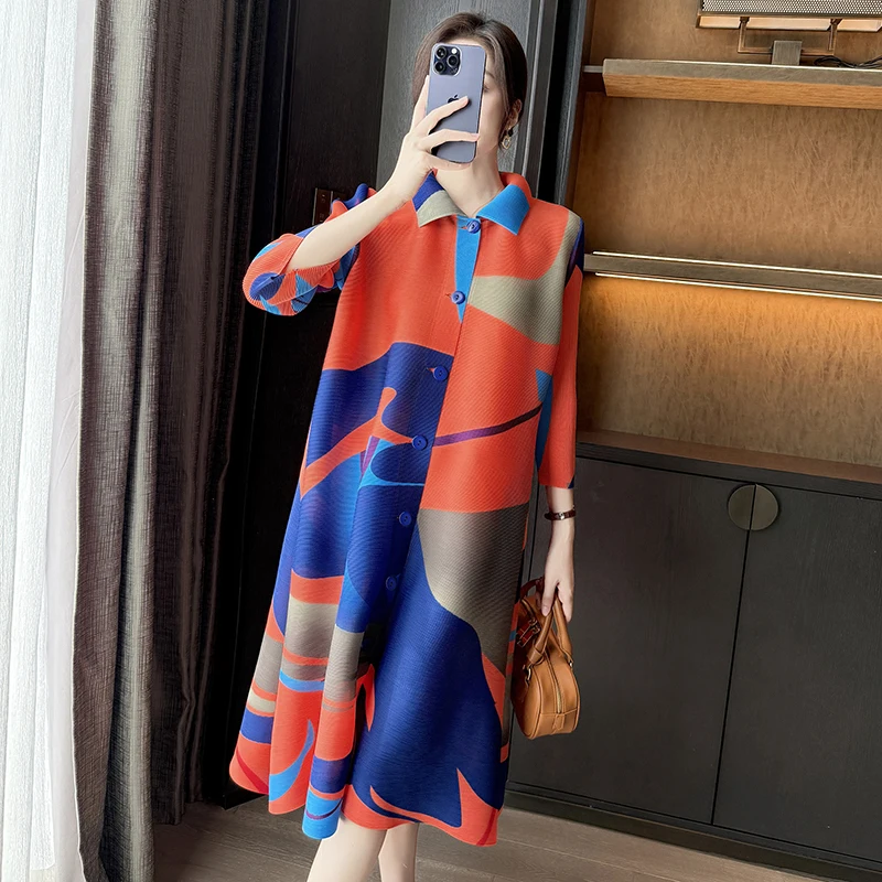 レディース オフィス 通勤 プリーツ シャツワンピース カラーブロック プリント ラペルカラー シングルブレスト ミディアム丈 スリット入り ミニマリストスタイル