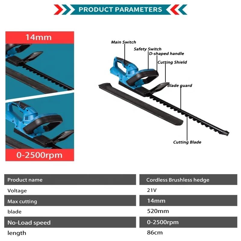 21V Battery Power Wireless Hedge Trimmer For Garden Automatic Hedge Trimmer With Brushed Motor