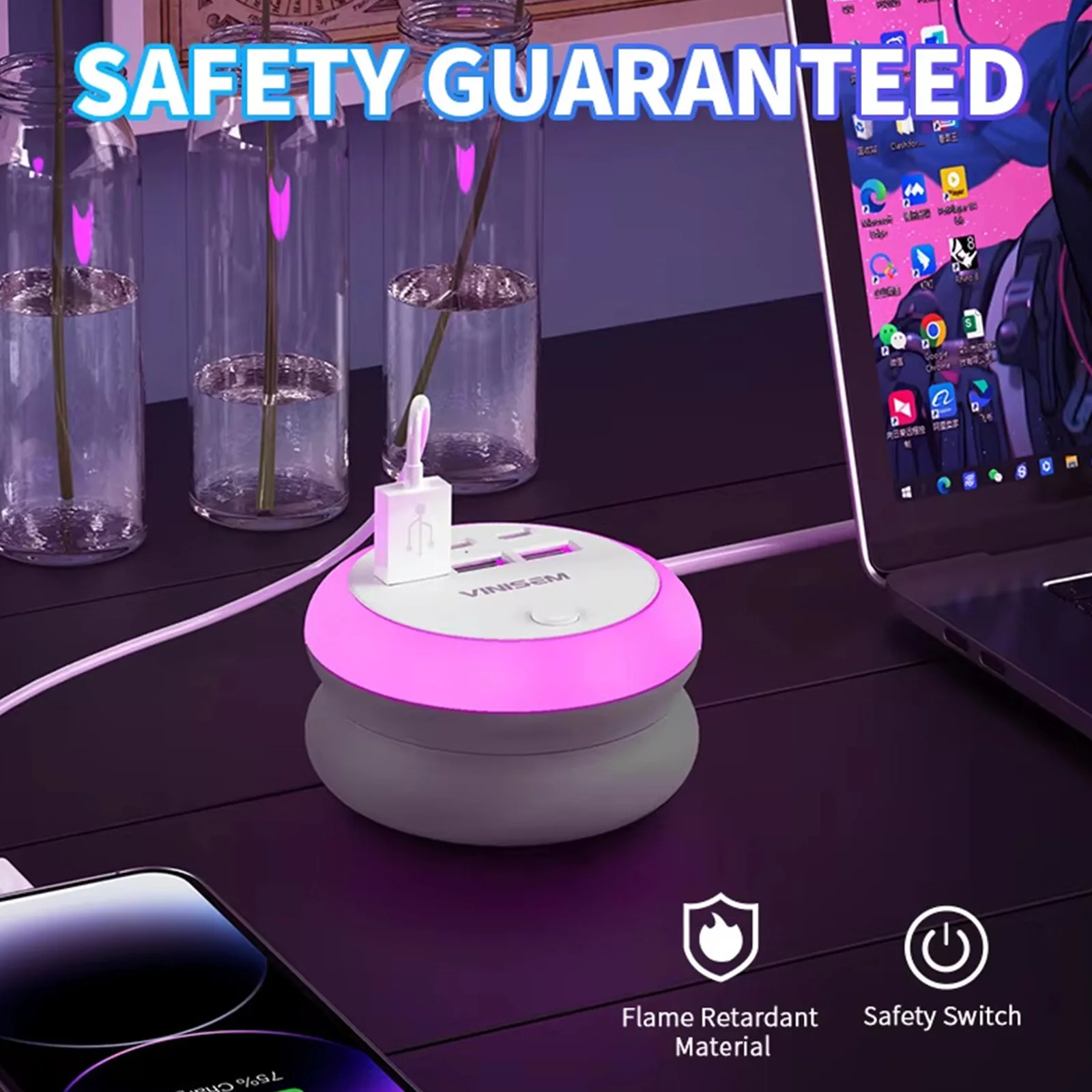 Fast Charging Power Strip Round Extension Socket for Office Home Hotel Desktop Flame Retardant UK Plug USB C Hub Durable