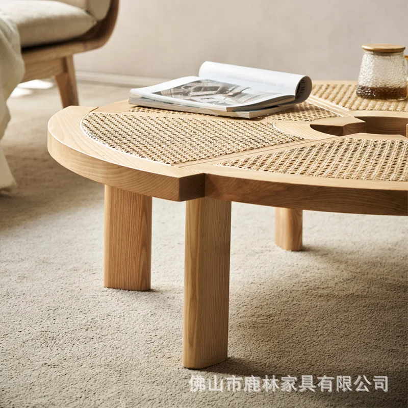 Nordic Japanese-Style Solid Wood & Rattan Round Table – Creative Small Coffee & Tea Table for B&B