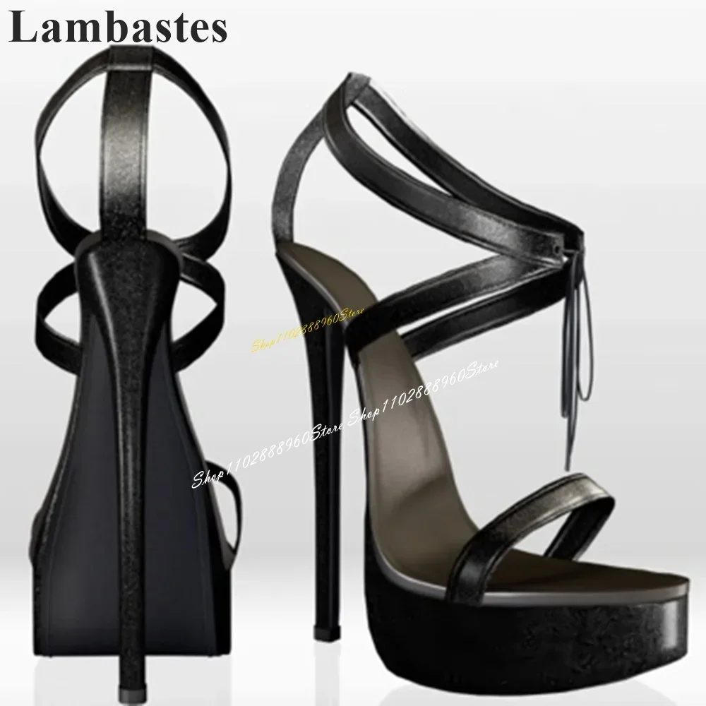 

Stylish Black Narrow Band Platform Sandals Thin High Heel Shoes For Women Lace Up Open Toe 2024 Fashion Zapatos Para Mujere