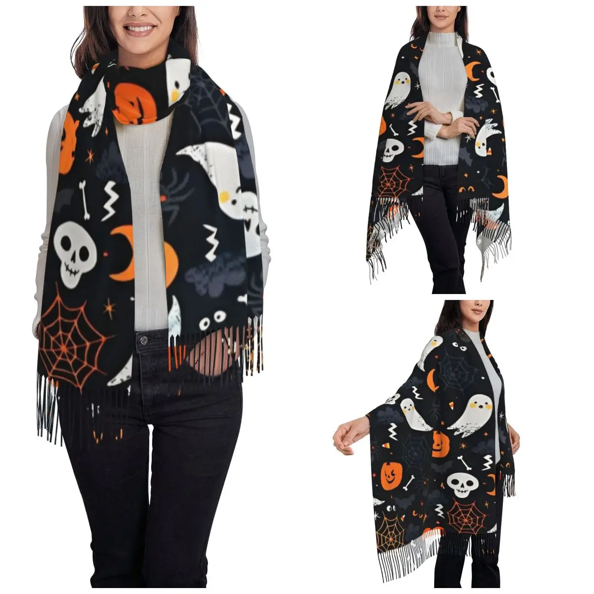 Women's Scarf with Tassel Black Halloween Single-sided Pattern Winter Warm Shawl Wrap Gifts Pashmina Scarves