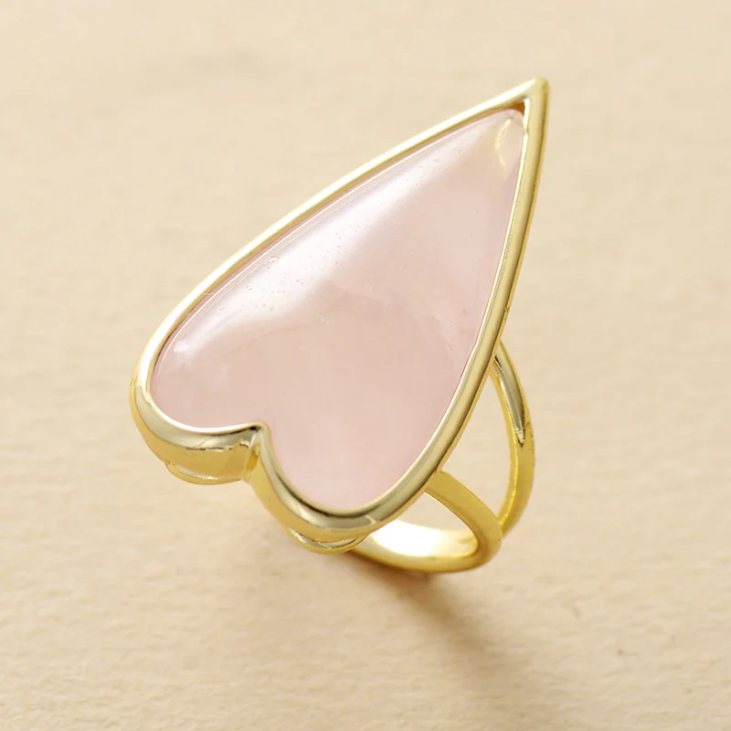 Trendy Big Stone Heart Amethysts Rose Quartz Finger Rings Adjustable Designer Woman Cocktail Ring Wedding Jewelry Bijoux