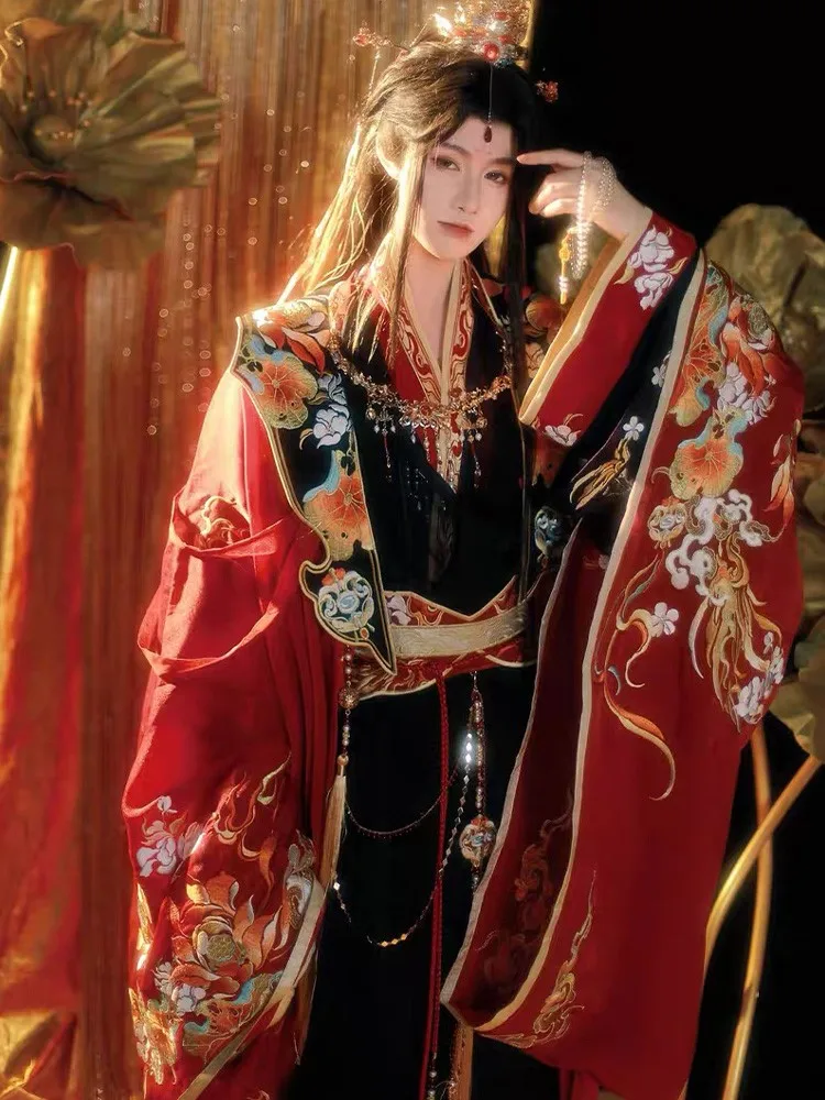 

Рубашки Hanfu с большими рукавами и тяжелой вышивкой, мужские и женские комплекты в китайском стиле, длина до талии, с перекрестным воротником