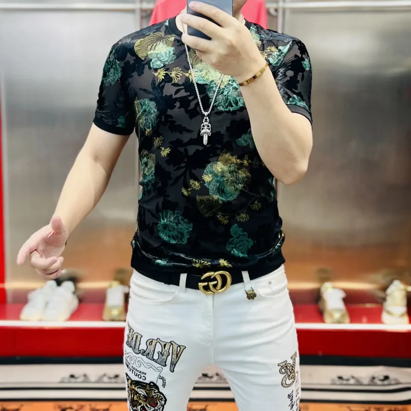 2024 Summer Flocking Flower T-shirt for Men Short Sleeve Casual T Shirt Business Social Streetwear Round Neck T-shirt M-4XL