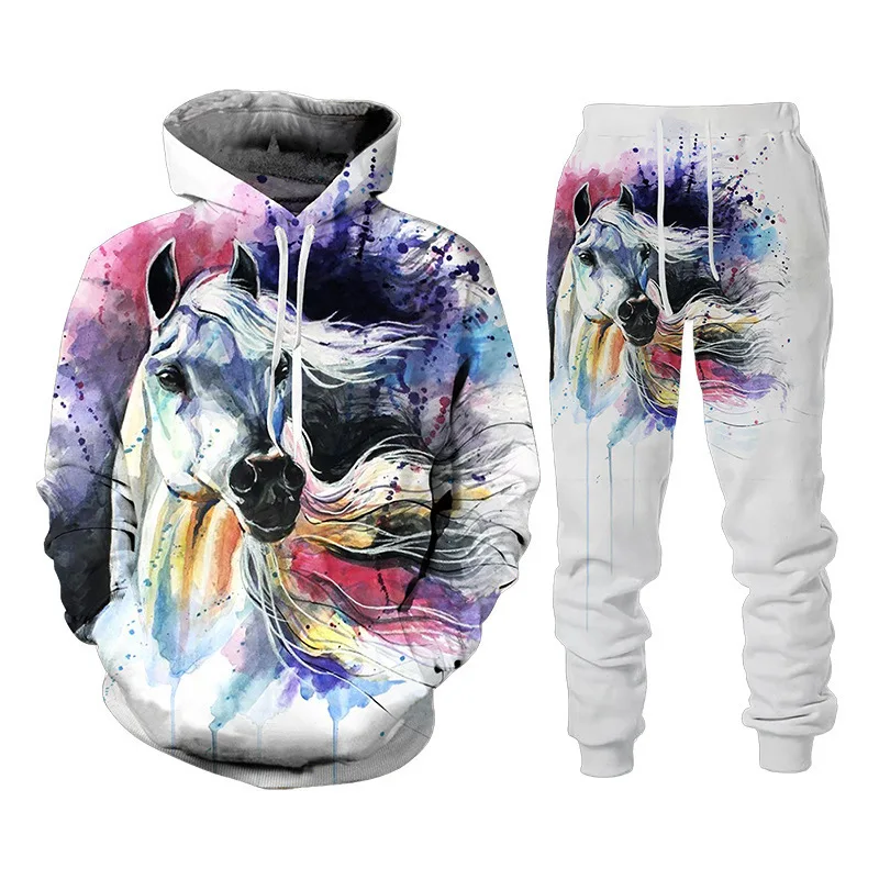 Vintage Animals 3D Horse Print Man Woman Tracksuit Set Fashion Casual Hoodie+Pants 2 Piece Sets Trend Streetwear Kids Clothing