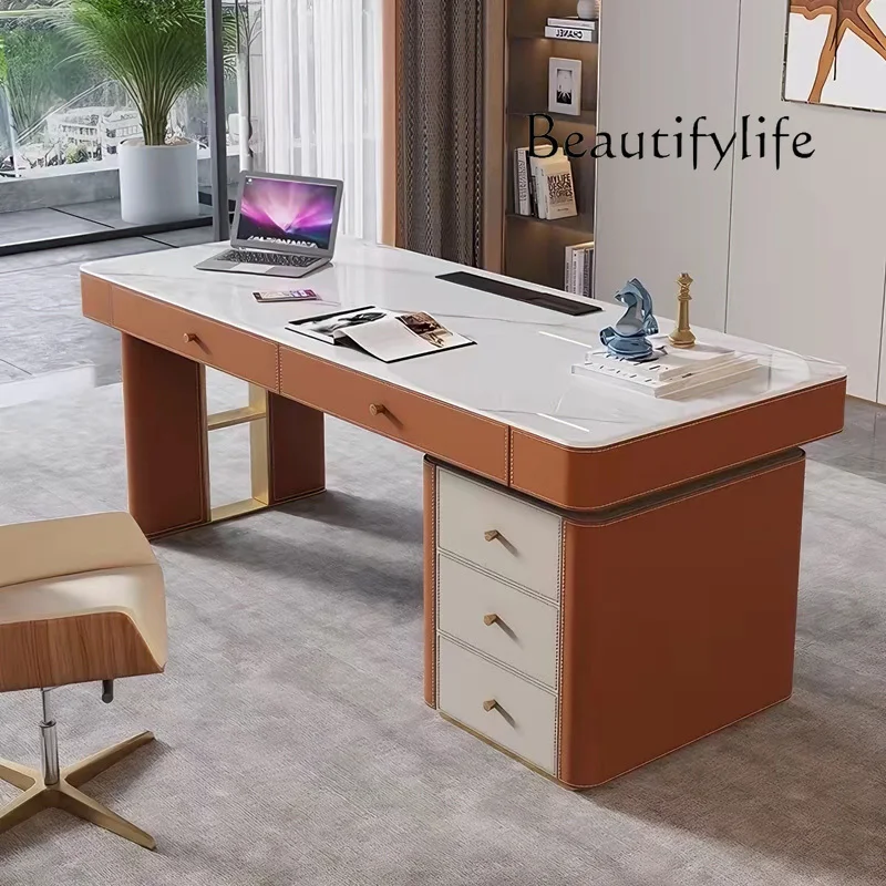 

Light luxury saddle leather desk modern minimalist designer high-end desk computer rock slab writing desk