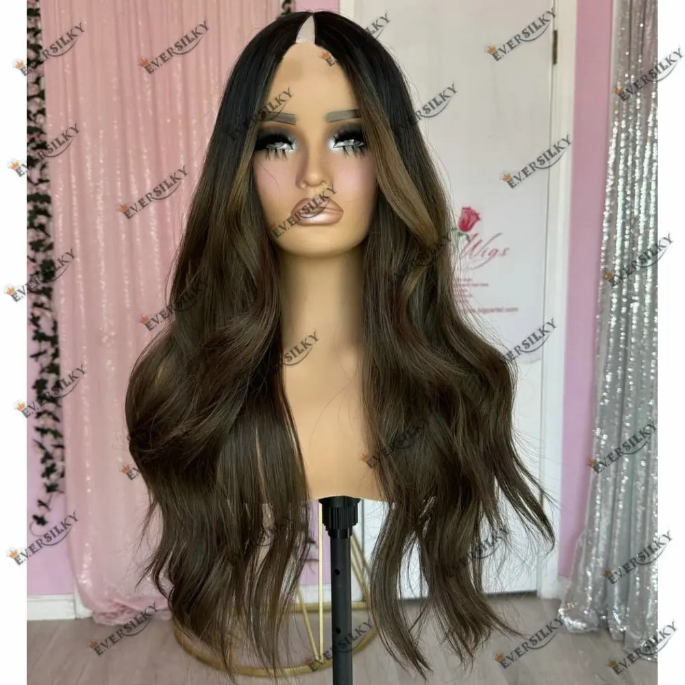 Ombre Cool Brown U Part Wig Human Hair Wigs Long Natural Curly Adjustables Glueless  1*4 Size V Part Wigs Remy Indian Hair Wig