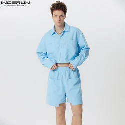 Stylish Well Fitting Sets INCERUN Mens Solid Cropped Large Pocket Long Sleeved Shirts Shorts Casual Clubwear Suit 2 Pieces S-5XL