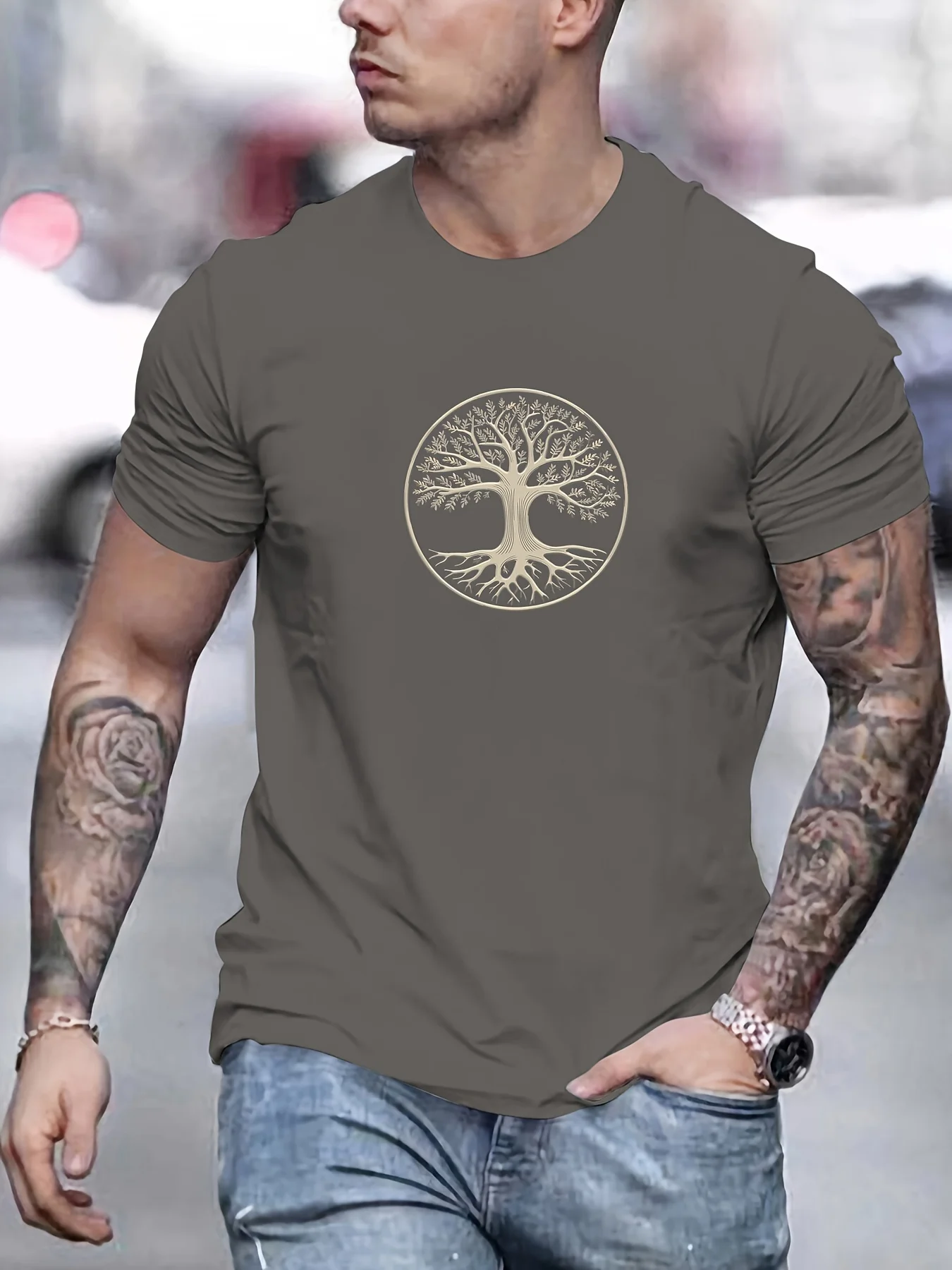Men's round neck short sleeved T-shirt top summer 100% pure cotton fashionable casual sports wide pine pattern printed Clothing image 4