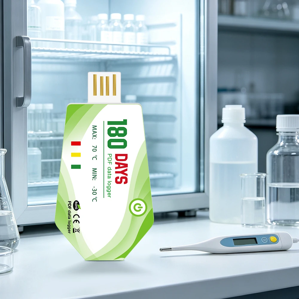 USB Disposable Temp Data Logger 180 Days Recording, Built-in LED Indicator Temperature Alarm Recorder, Auto PDF Report for Cold