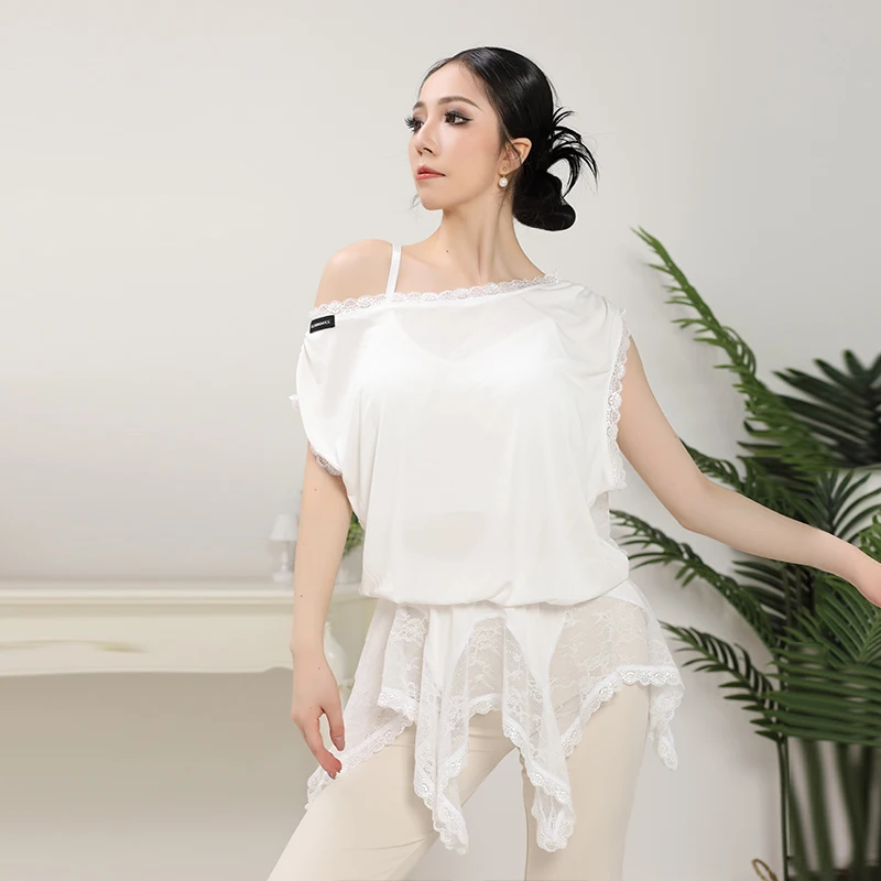 Nuovi abiti per la pratica della danza latina Top sexy in pizzo con spalle scoperte Top da allenamento larghi e comodi da donna Costumi da ballo per ragazze ﻿