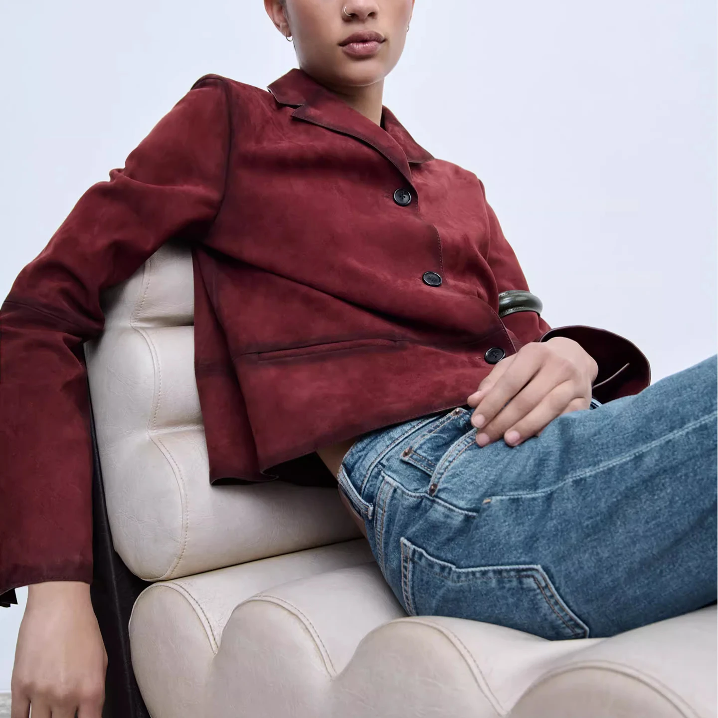 Faionable Velvet Leather Long Sve Suit Jaet Damen Sommer 2025, Z, lockere Passform, atmungsaktiv, Orth-Mantel, Knopfverschluss