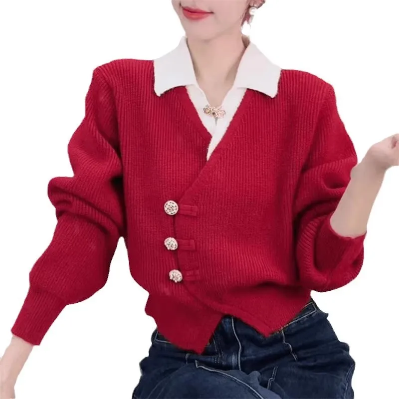 2025 Spring Autumn New Fake Two-Piece Knitt Sweater Splicing Cardigan Women Temperament Casual Knitwear Sweaters Ladies Top W706