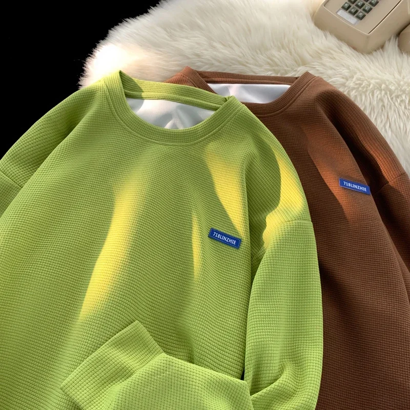 

Multicolour Round Neck Sweatshirt For Men Labelling Design Korean Style Sweatshirts Waffle Casual Loose Male Pullovers