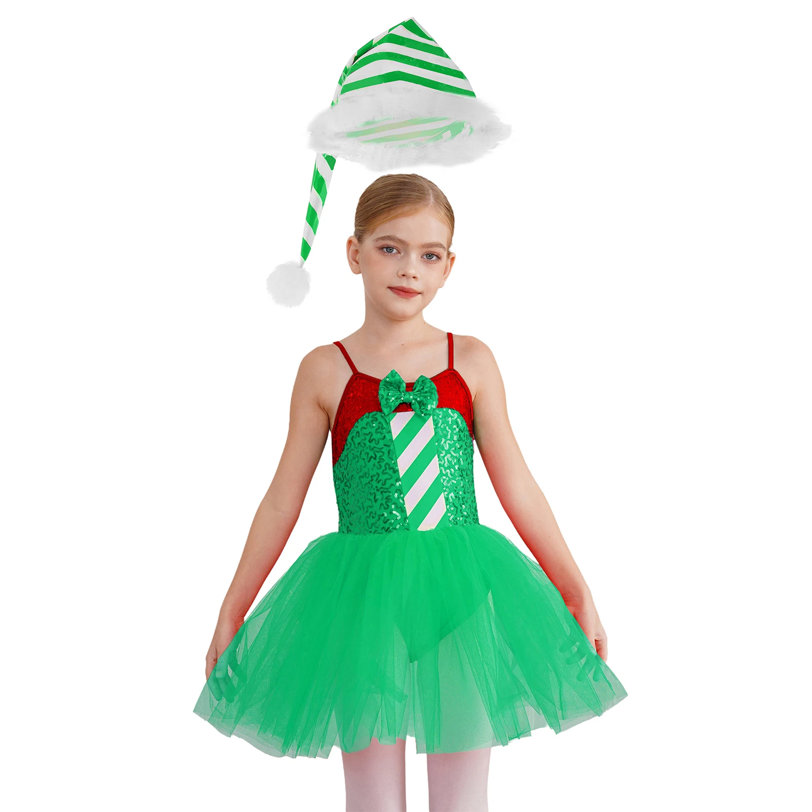 Ensemble de robe de père Noël à paillettes pour filles, robe justaucorps tutu patchwork avec chapeau, fête de festival de vacances, Noël, nouvel an, enfants, #6-16