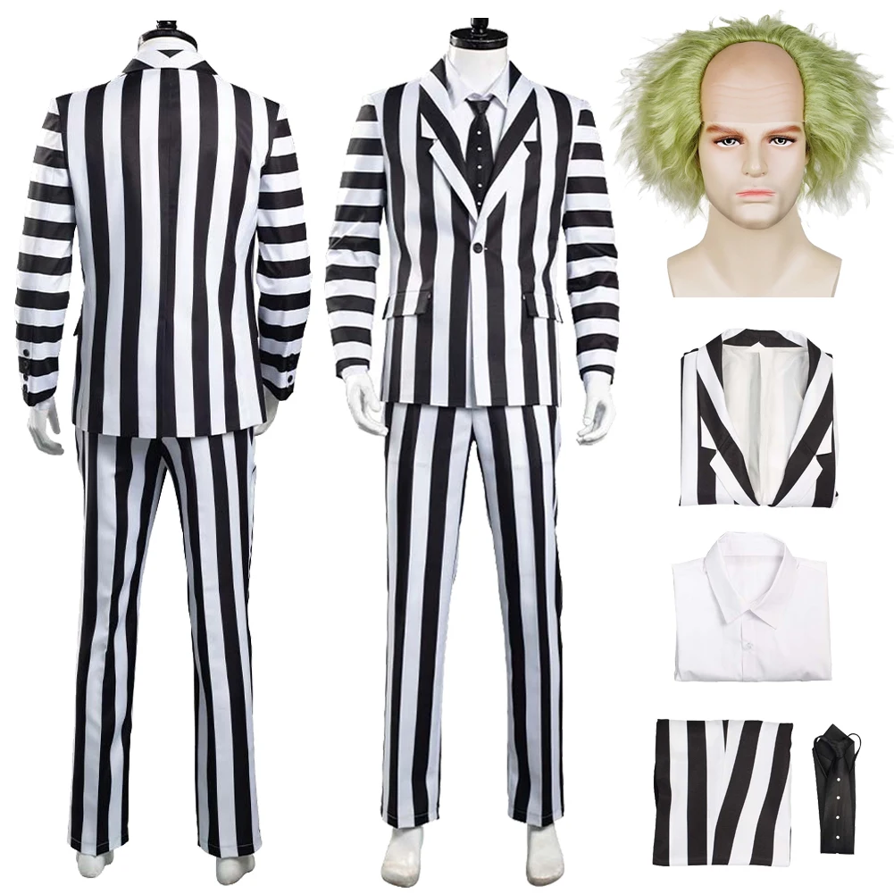 

Beetle Cosplay Fantasia Wig Black And White Striped Uniform Costume Disguise For Male Adult Jacket Halloween Carnival Party Suit