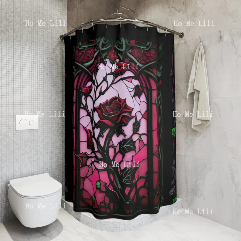 Gothic Stained Glass Rose Halloween Shower Curtain Halloween Spooky Decor Haunted Bathroom