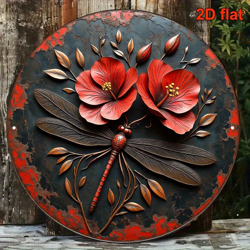 Custom Vintage Red Flower Butterfly Moth Round Aluminum Sign 8x8in Outdoor Floral Insect Wall Decor for Home Bar Cafe