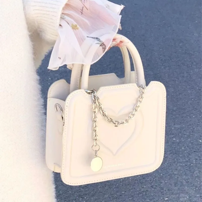 

JIAERDI Sweet Cute White Handbag Women Heart Print Leather Square Shoulder Bags Ladies Chain Minimalist Commuter Crossbody Bag