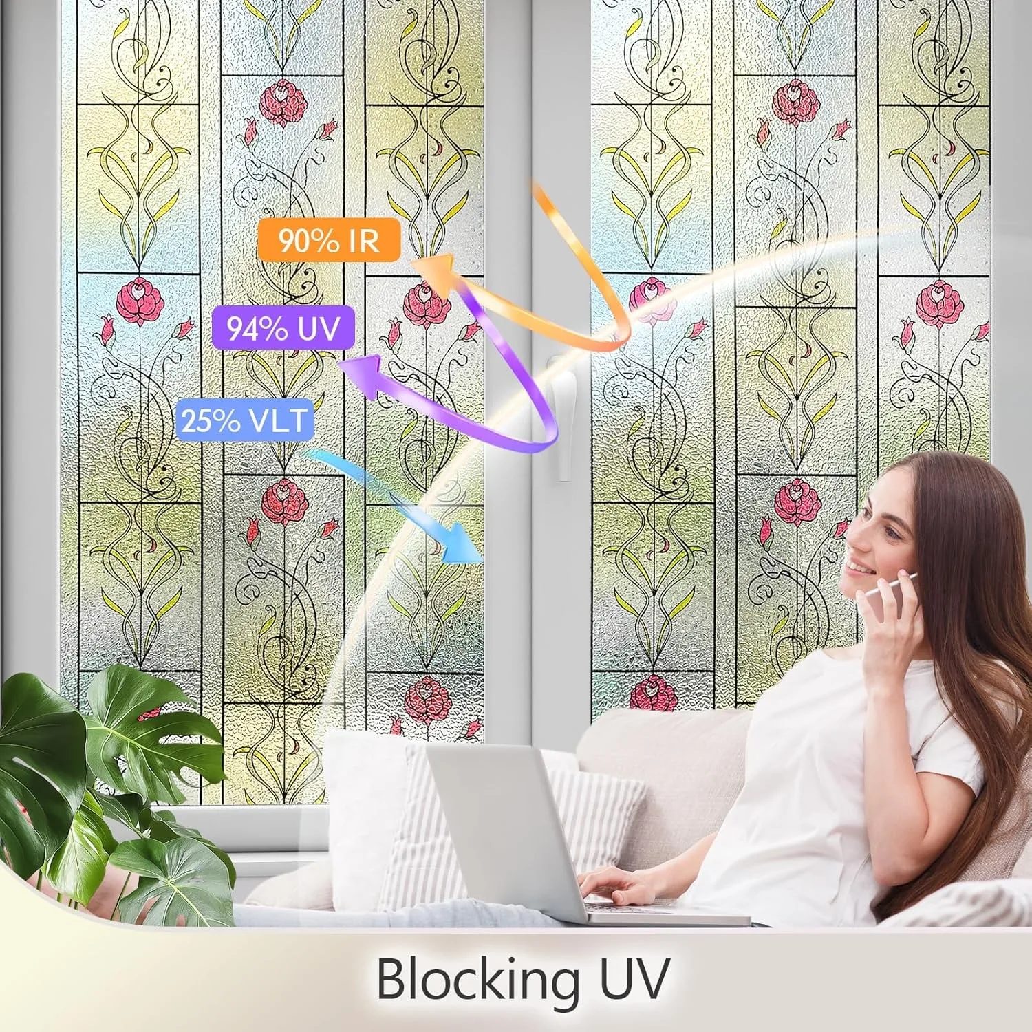 WINDOW FILMS Window Privacy Film Stained Glass Frosted Glass Films Decorative Window Film with Rose Flower Static Cling for Home
