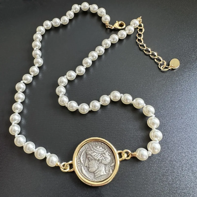 Original Ancient Coin Mizusawa Fairy Pearl Necklace European And American Simple And Trendy Portrait Coin Necklace Muse