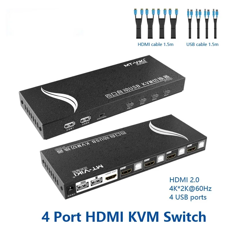 4 Port HDMI KVM Switch Hot Key Auto Scan USB Plugable 4Kx2K 60Hz with 4 Cable Sets for 4 PC 1 Keyborad Mouse MT-HK401