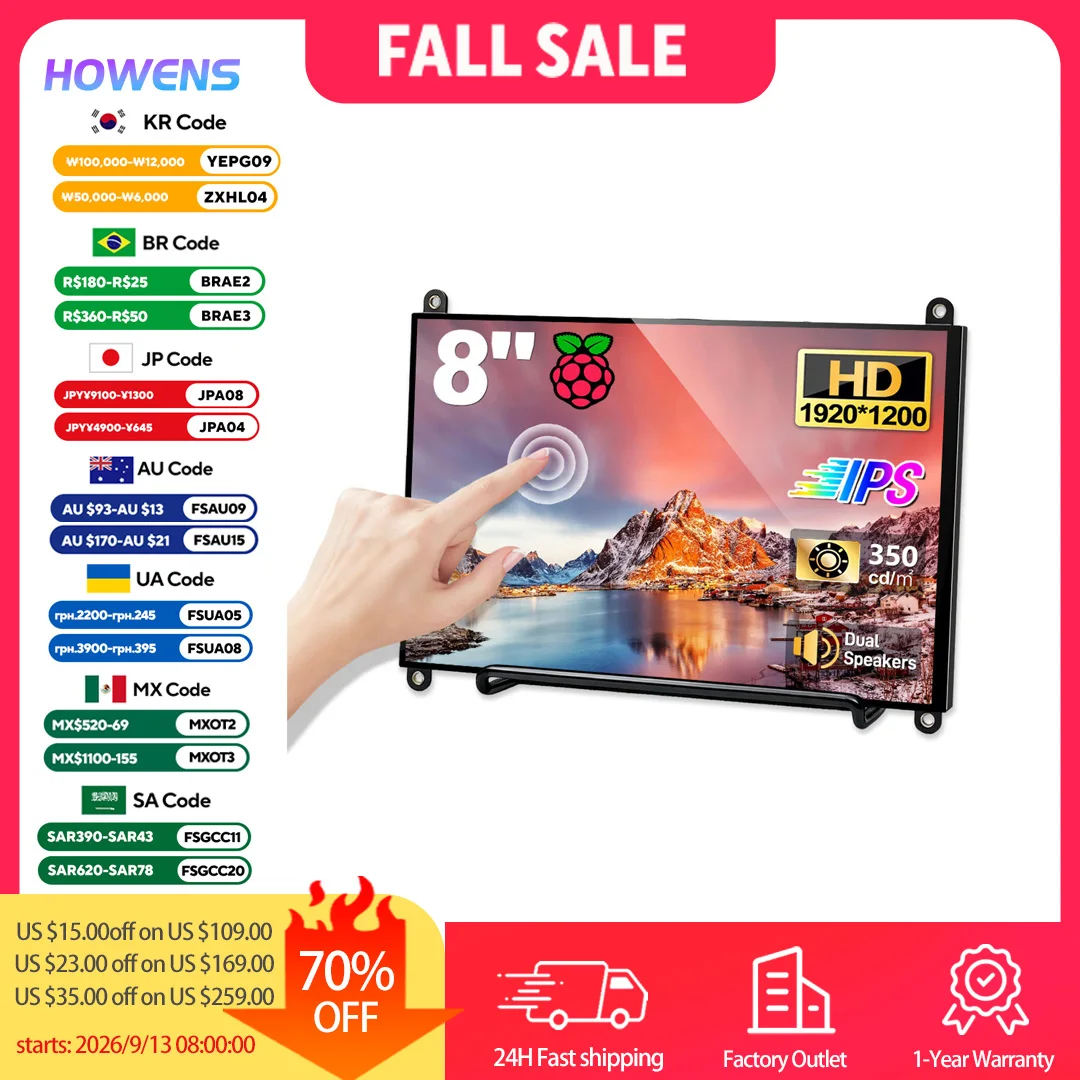 8 inch Raspberry Pi Touch Monitor 1920x1200 External IPS Display Raspberry Pi 5/4/3/2/B/B+ Jetson Nano HDMI PC Secondary Screen