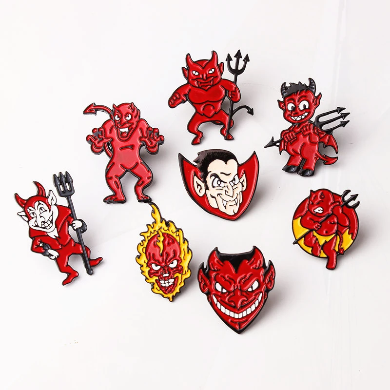 Fire Head Vampier Badge Pin Denim Shirt Rugzak Mode Sieraden Cadeau Voor Vrienden Mannen Hell Devil Imp Emaille Broche Rood